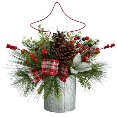 17" Pinecone and Berries Artificial Christmas Arrangement with Decorative Metal Vase and Wrired Red Christmas Tree