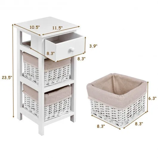 2Pcs Bedroom Bedside End Table with Drawer Baskets-White