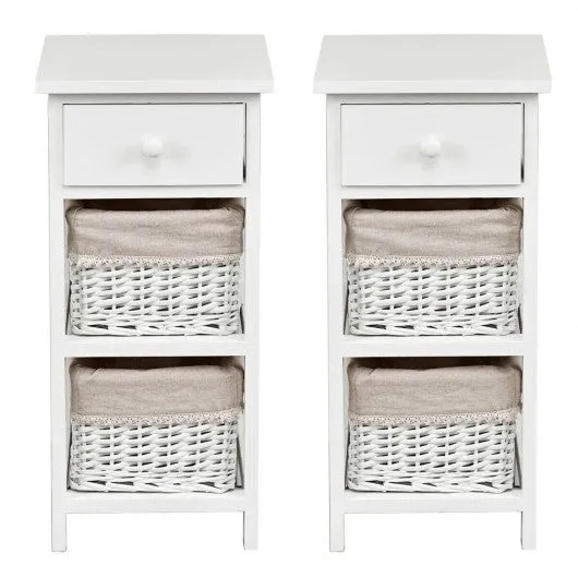 2Pcs Bedroom Bedside End Table with Drawer Baskets-White