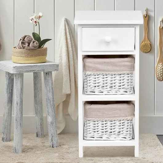 2Pcs Bedroom Bedside End Table with Drawer Baskets-White