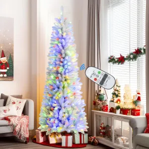 6ft Prelit Warm White & Multi-Color Lights Artificial Hinged Slim Pencil Christmas Tree with Remote Control