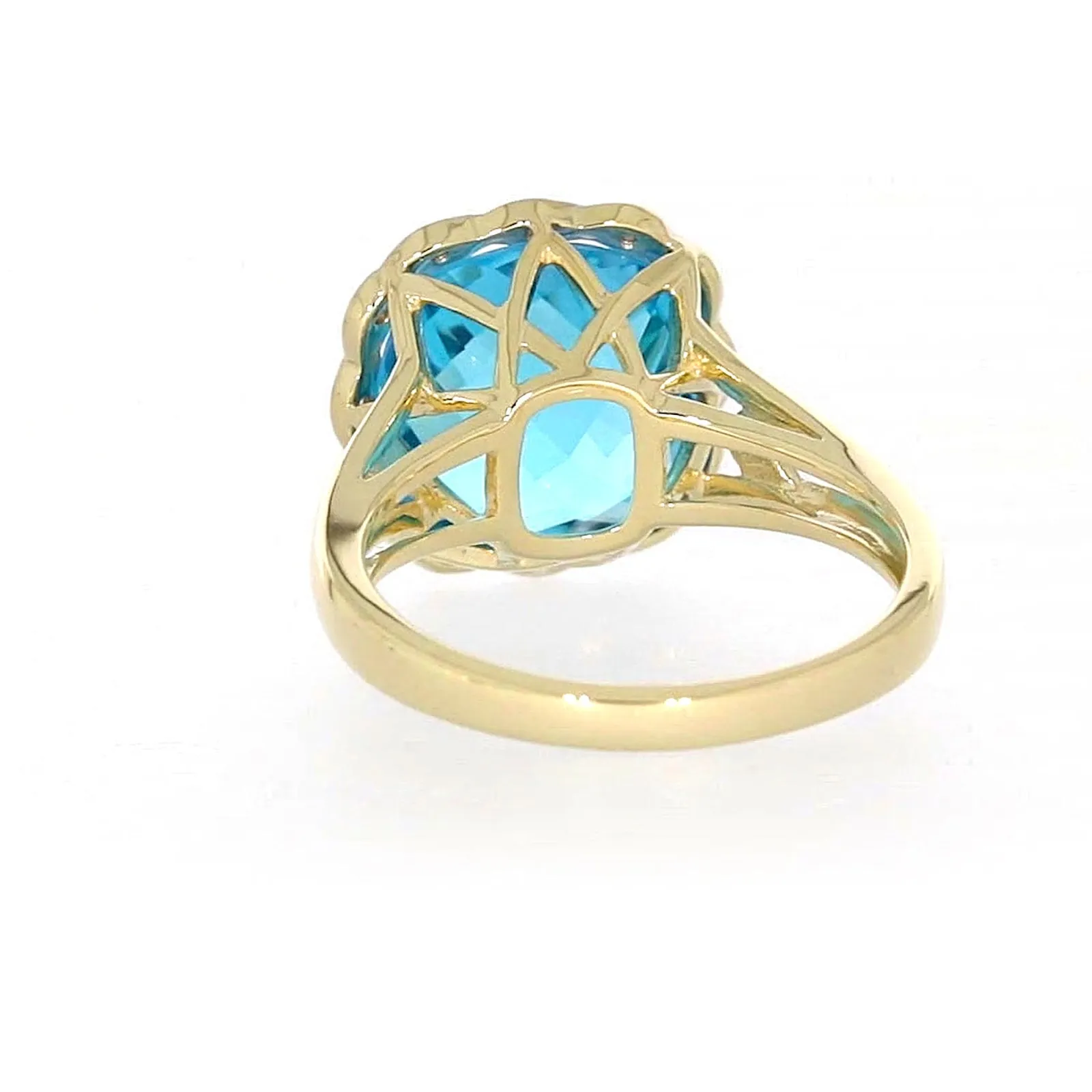 9ct Two Tone Gold Cushion & Round Brilliant Cut Blue Topaz & Diamond Set Ring Ring