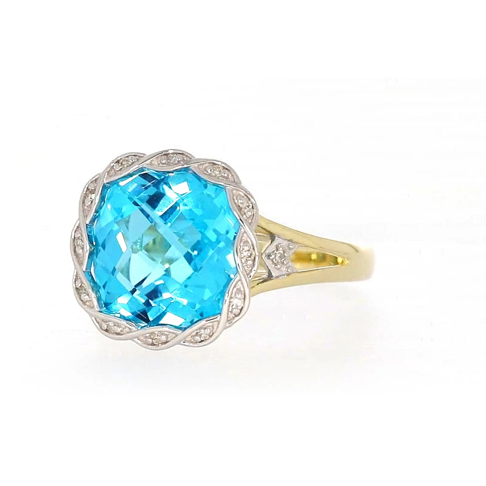 9ct Two Tone Gold Cushion & Round Brilliant Cut Blue Topaz & Diamond Set Ring Ring