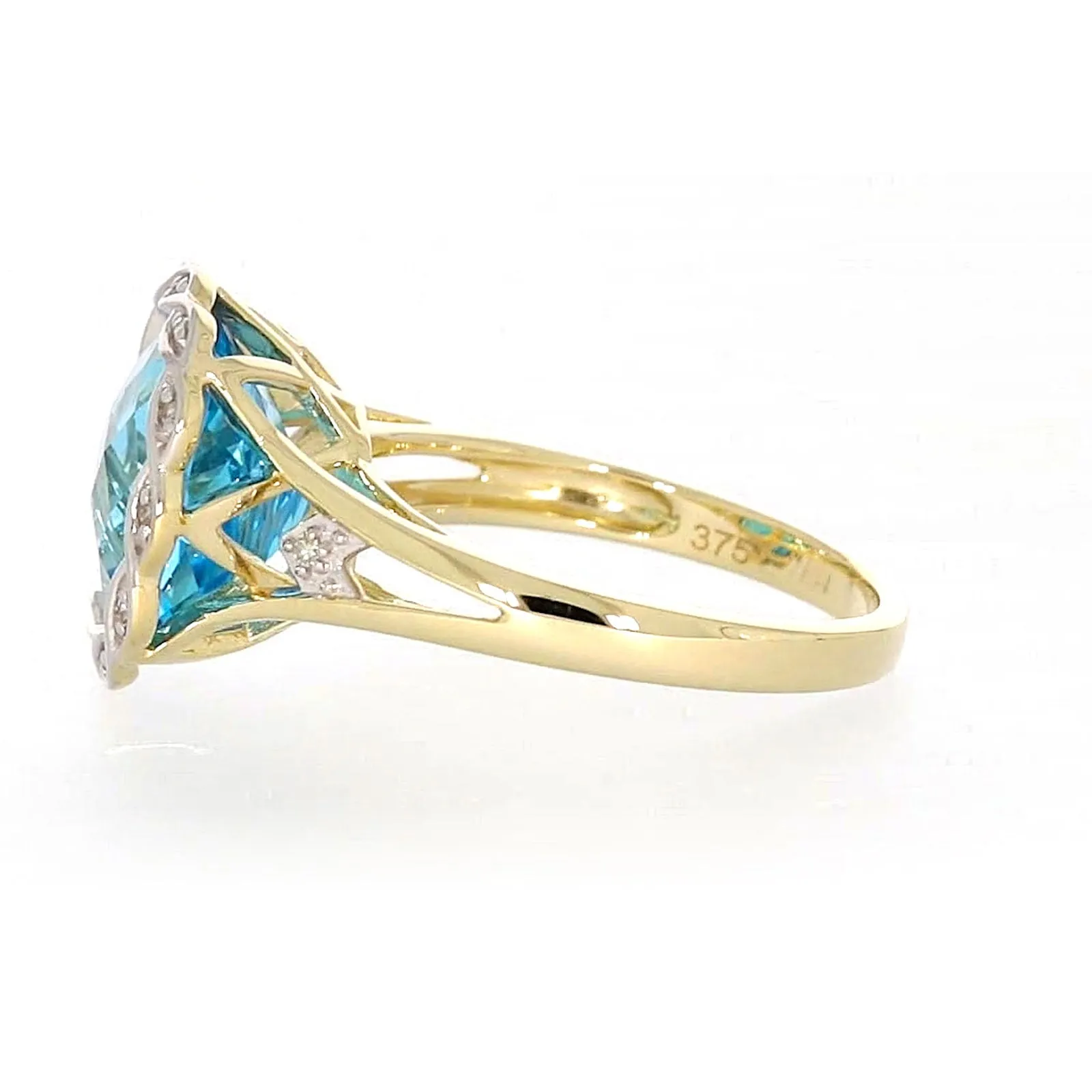 9ct Two Tone Gold Cushion & Round Brilliant Cut Blue Topaz & Diamond Set Ring Ring