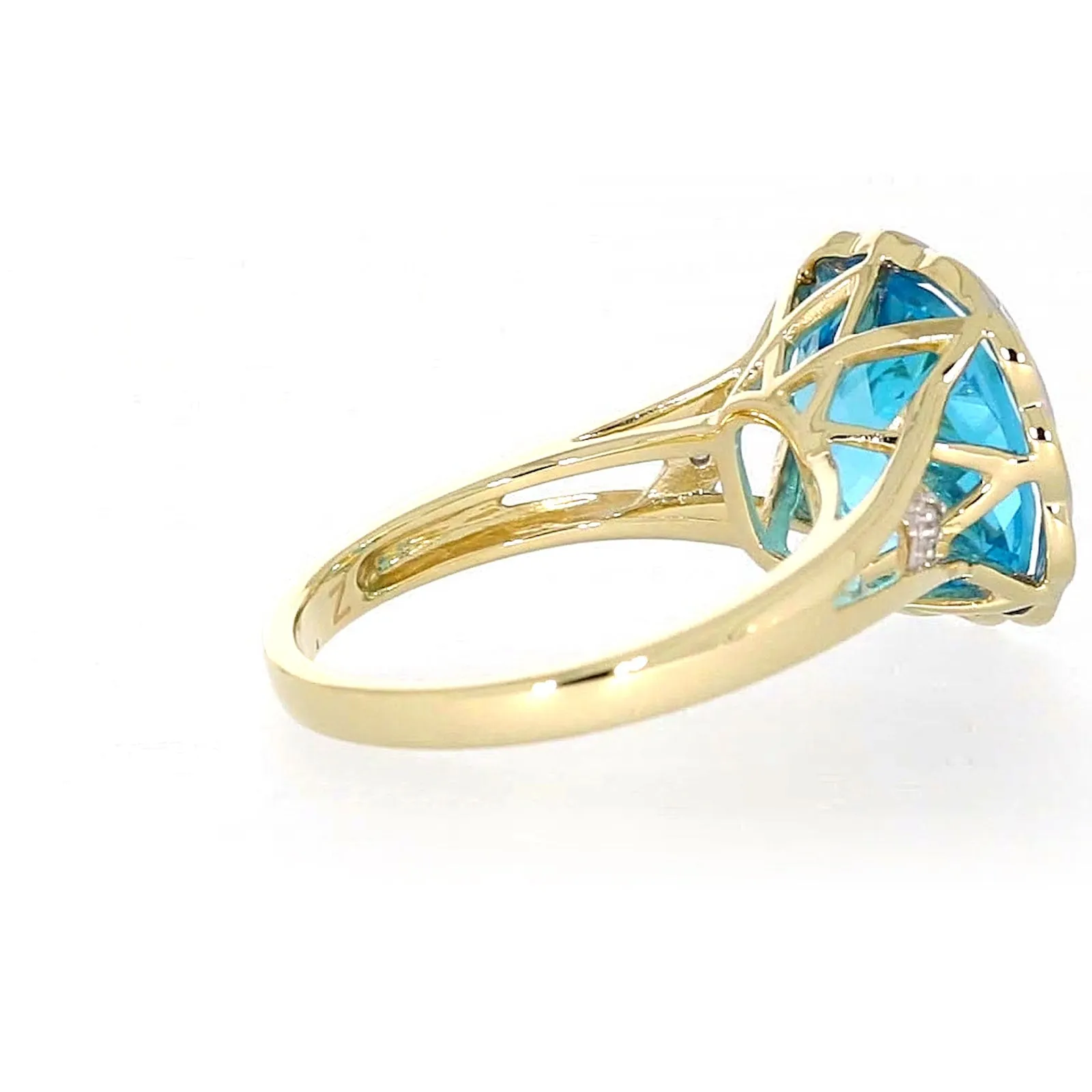 9ct Two Tone Gold Cushion & Round Brilliant Cut Blue Topaz & Diamond Set Ring Ring