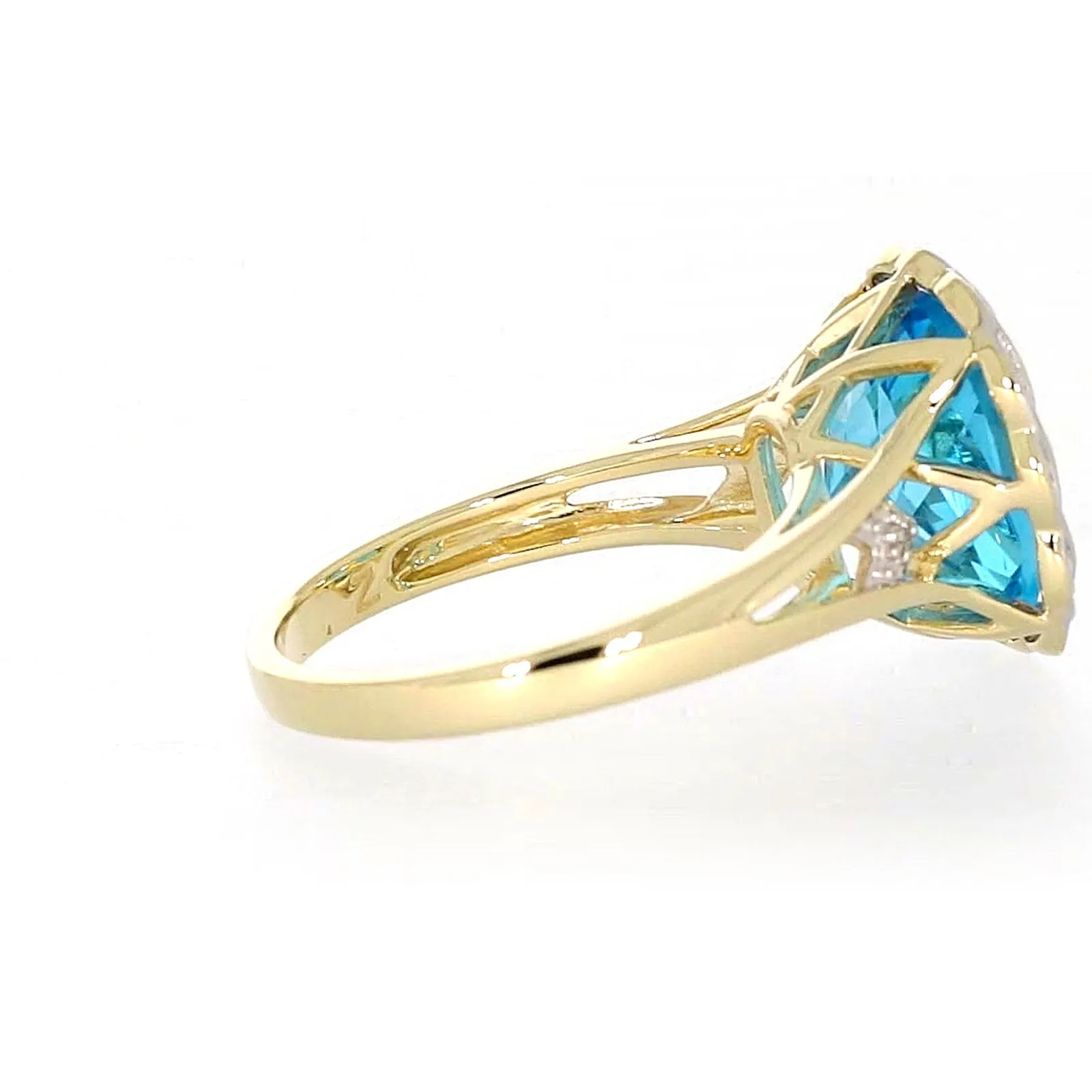 9ct Two Tone Gold Cushion & Round Brilliant Cut Blue Topaz & Diamond Set Ring Ring