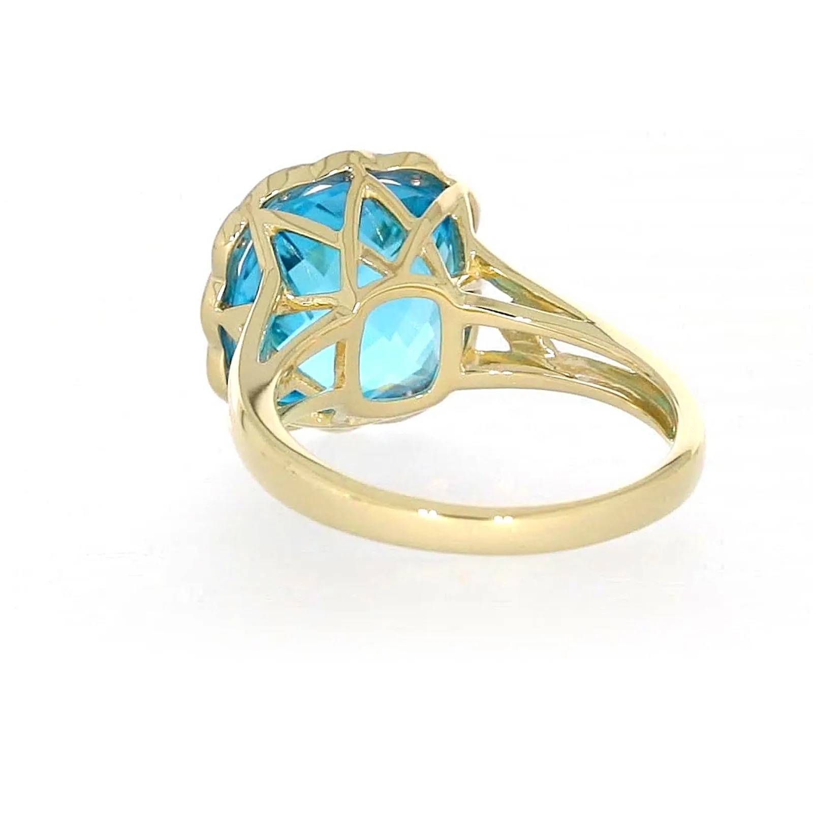 9ct Two Tone Gold Cushion & Round Brilliant Cut Blue Topaz & Diamond Set Ring Ring