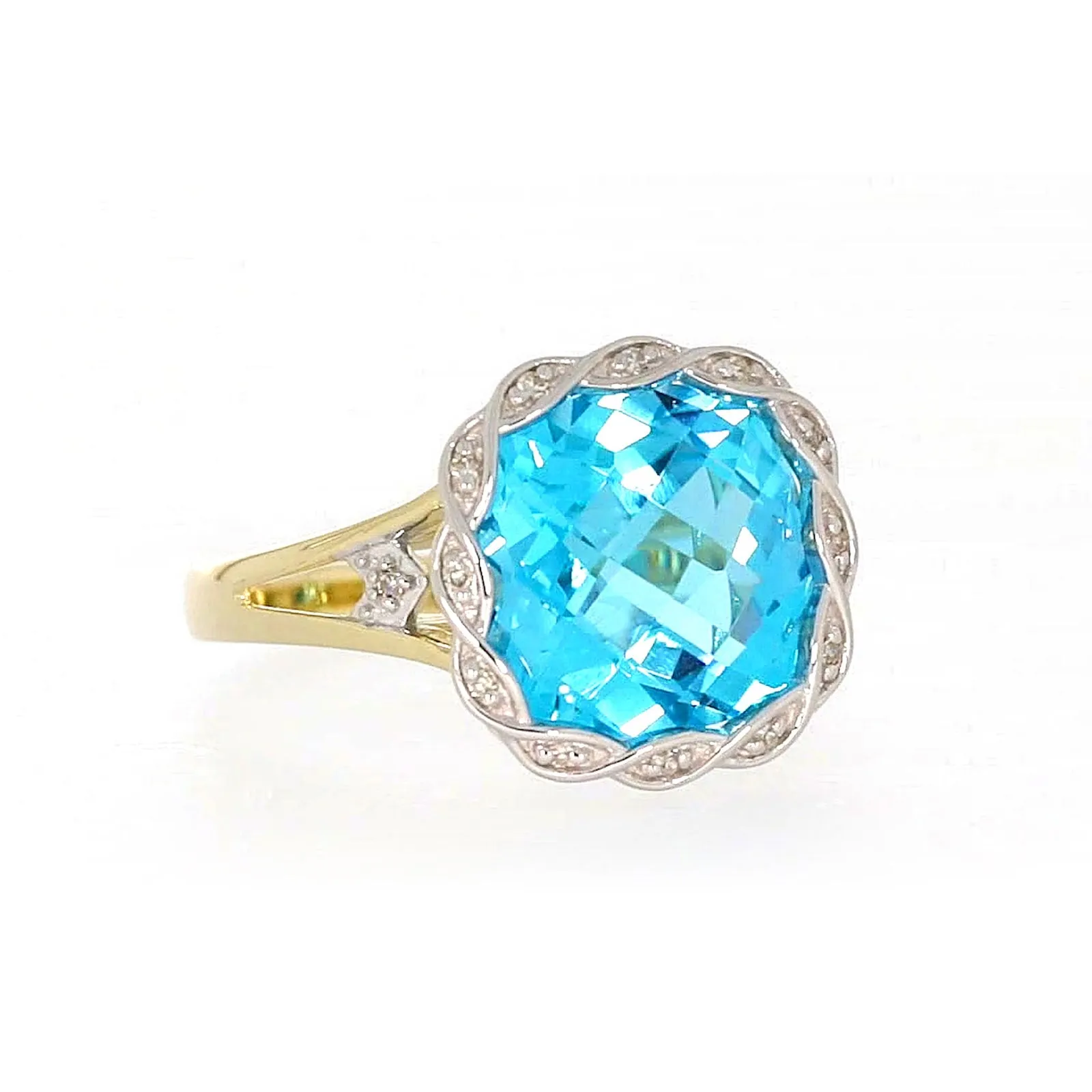 9ct Two Tone Gold Cushion & Round Brilliant Cut Blue Topaz & Diamond Set Ring Ring