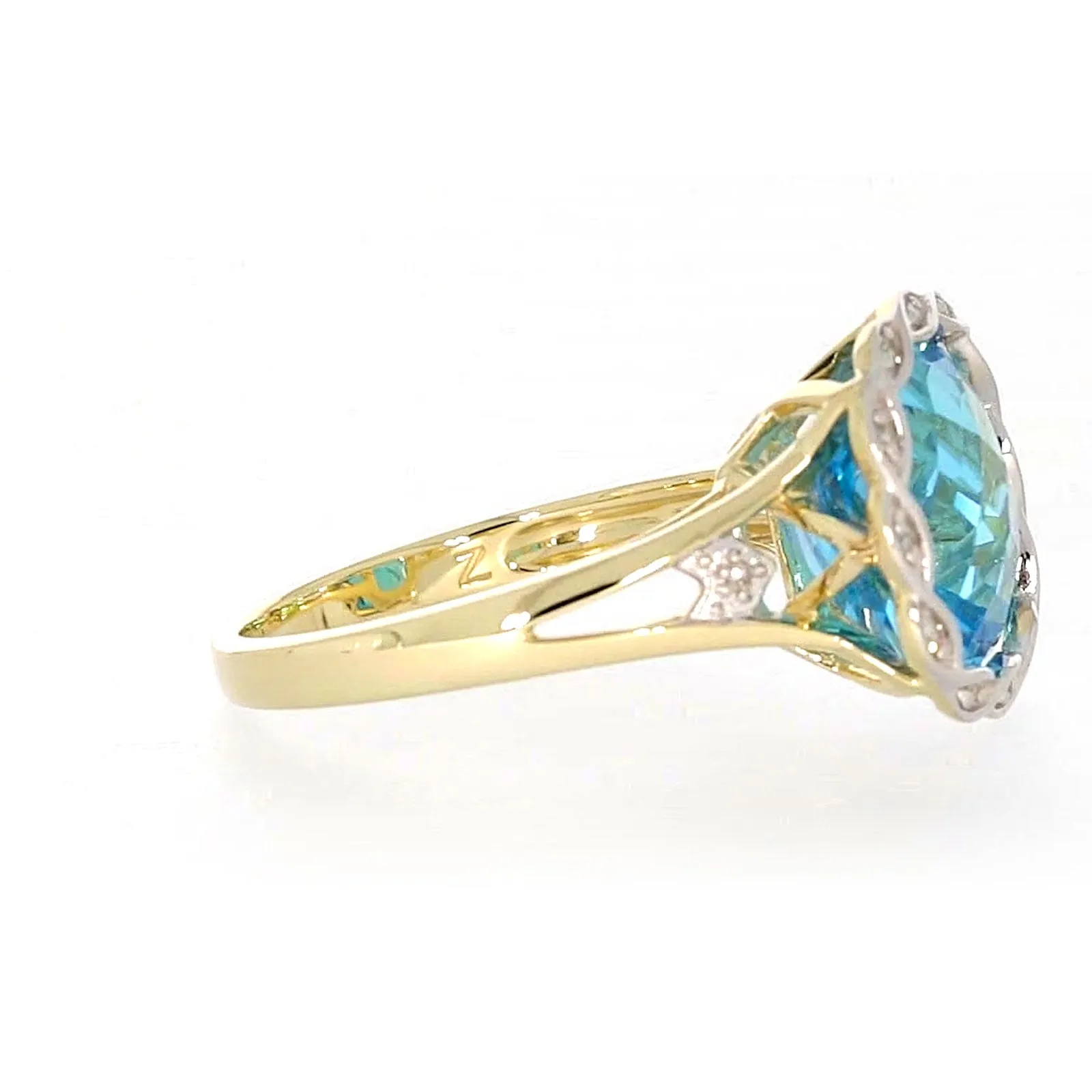 9ct Two Tone Gold Cushion & Round Brilliant Cut Blue Topaz & Diamond Set Ring Ring