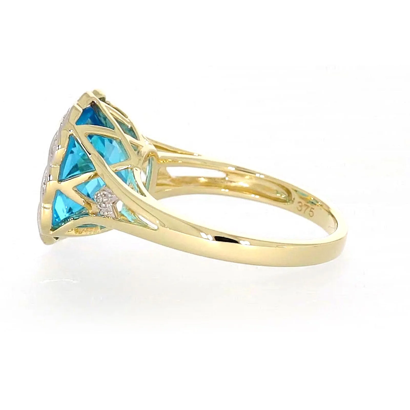 9ct Two Tone Gold Cushion & Round Brilliant Cut Blue Topaz & Diamond Set Ring Ring