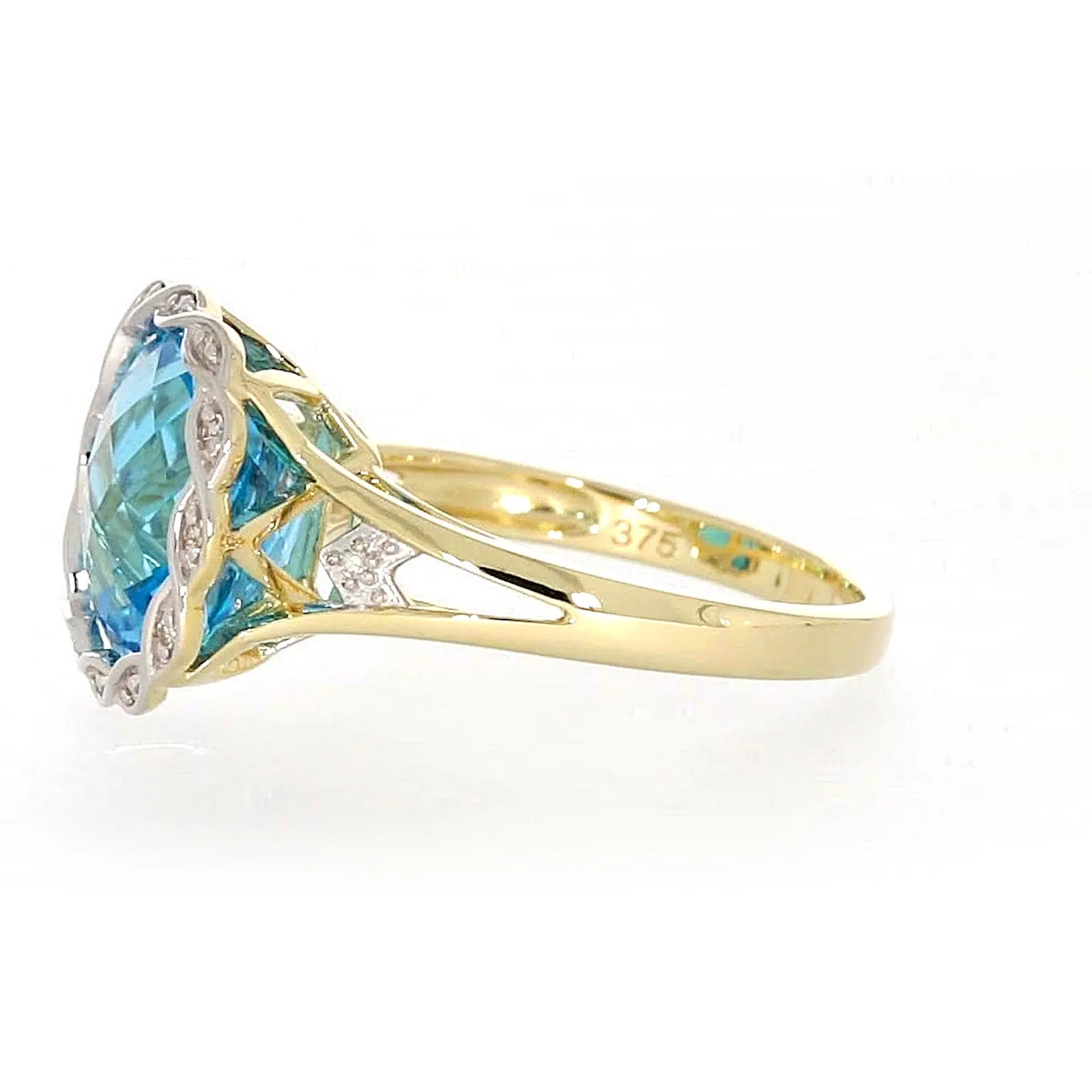 9ct Two Tone Gold Cushion & Round Brilliant Cut Blue Topaz & Diamond Set Ring Ring