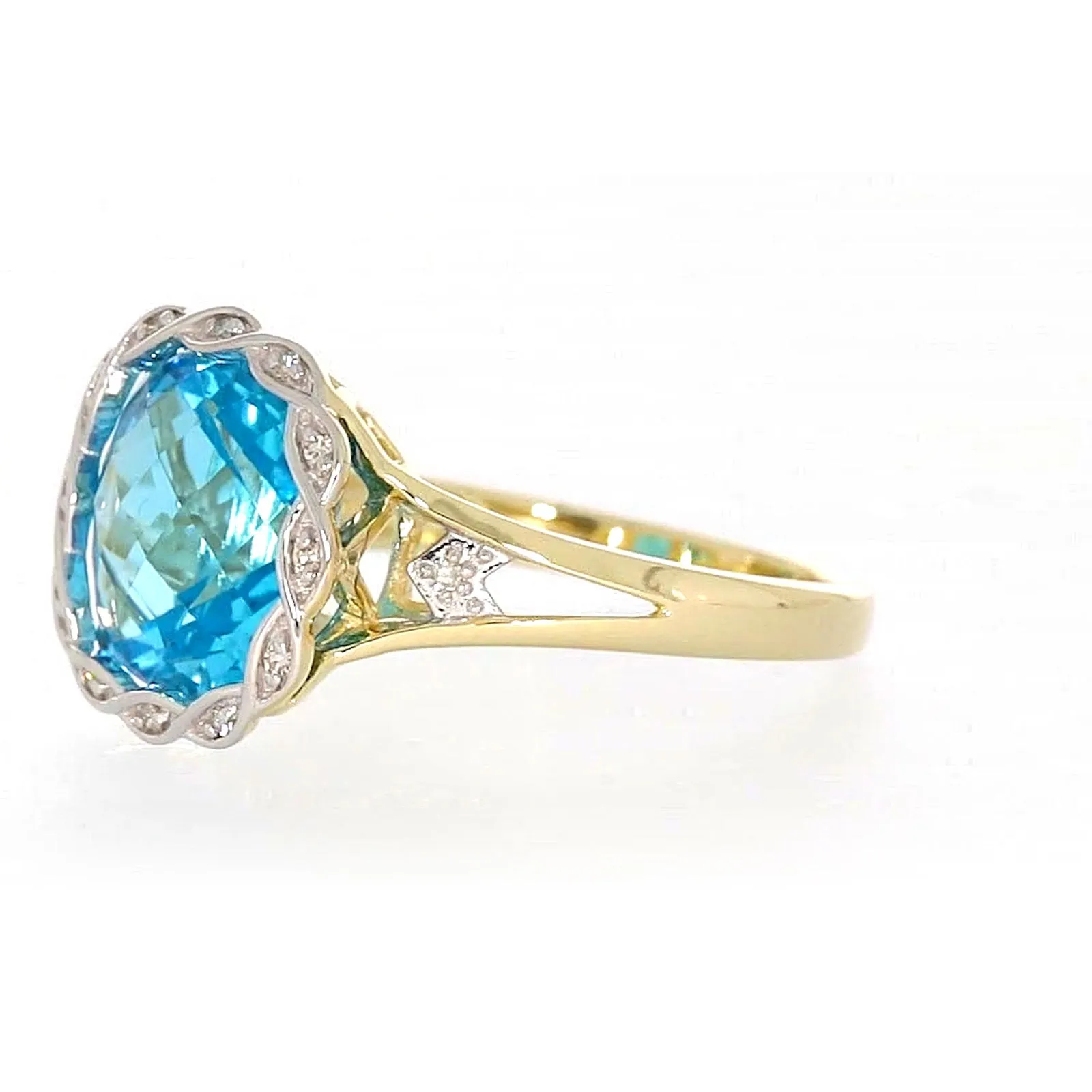 9ct Two Tone Gold Cushion & Round Brilliant Cut Blue Topaz & Diamond Set Ring Ring