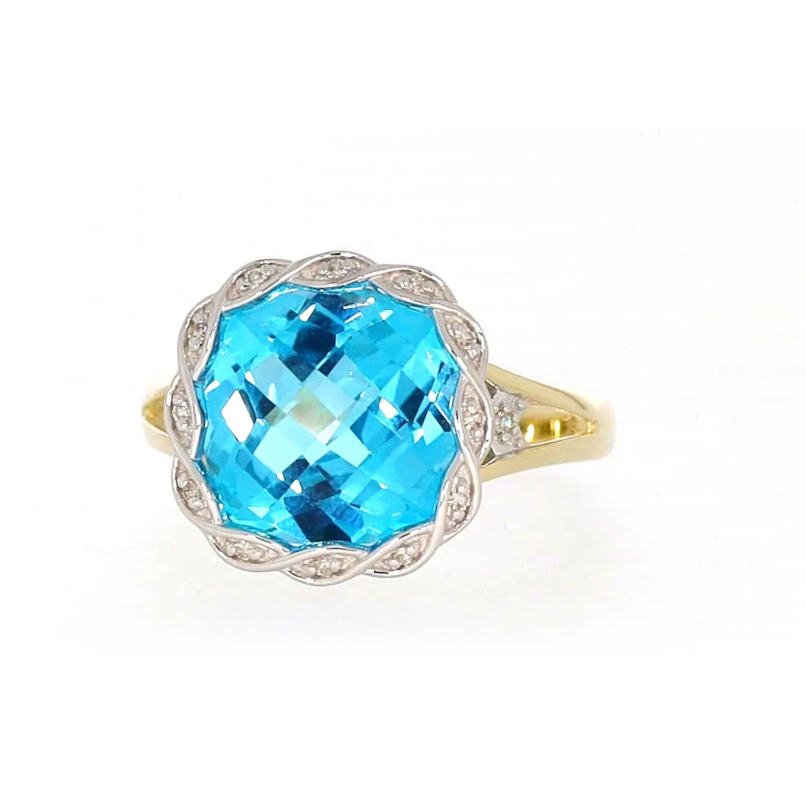 9ct Two Tone Gold Cushion & Round Brilliant Cut Blue Topaz & Diamond Set Ring Ring