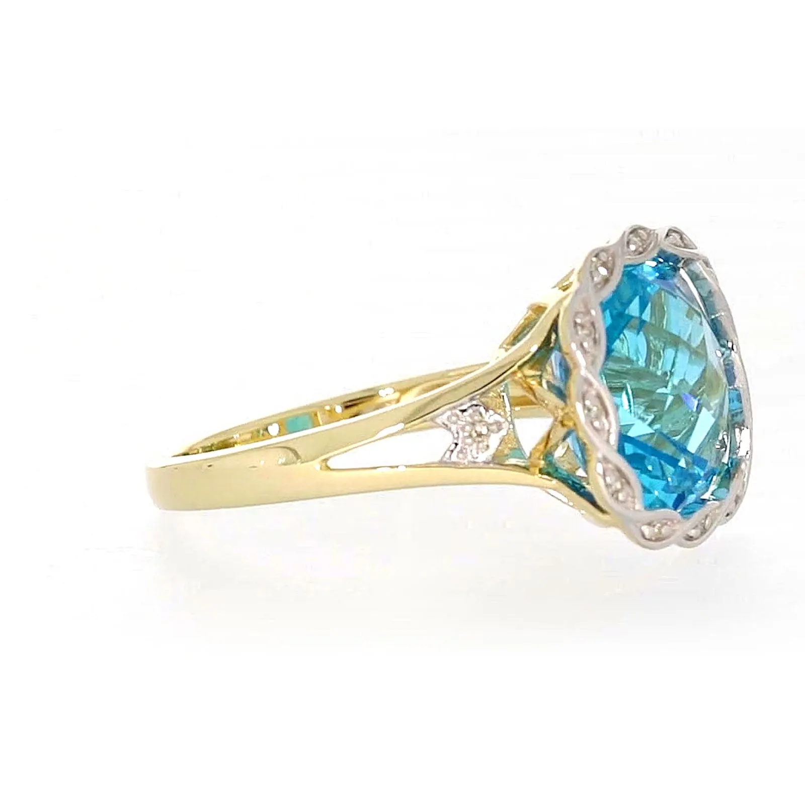 9ct Two Tone Gold Cushion & Round Brilliant Cut Blue Topaz & Diamond Set Ring Ring