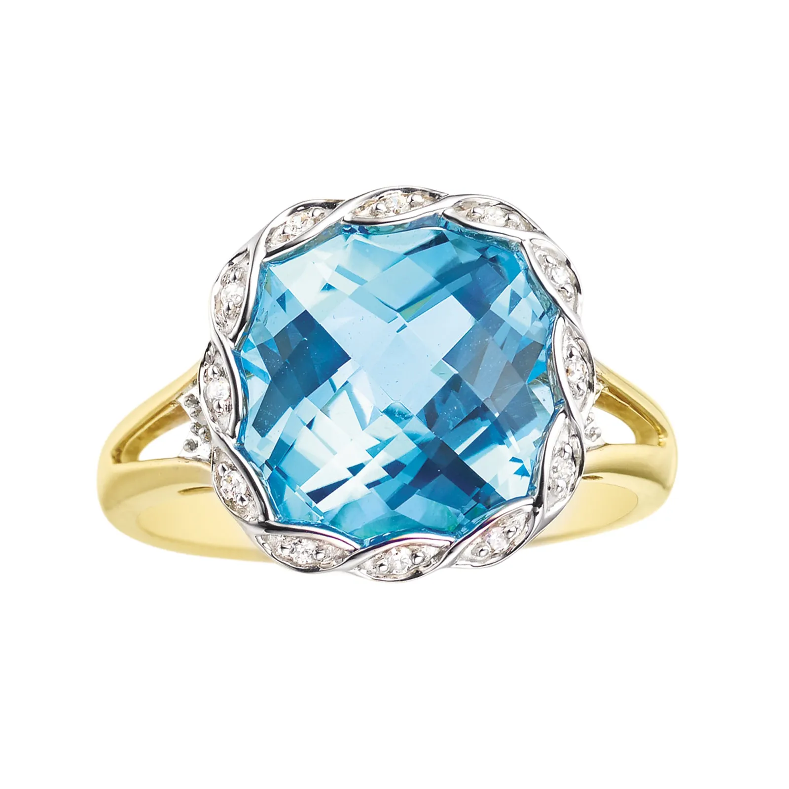 9ct Two Tone Gold Cushion & Round Brilliant Cut Blue Topaz & Diamond Set Ring Ring