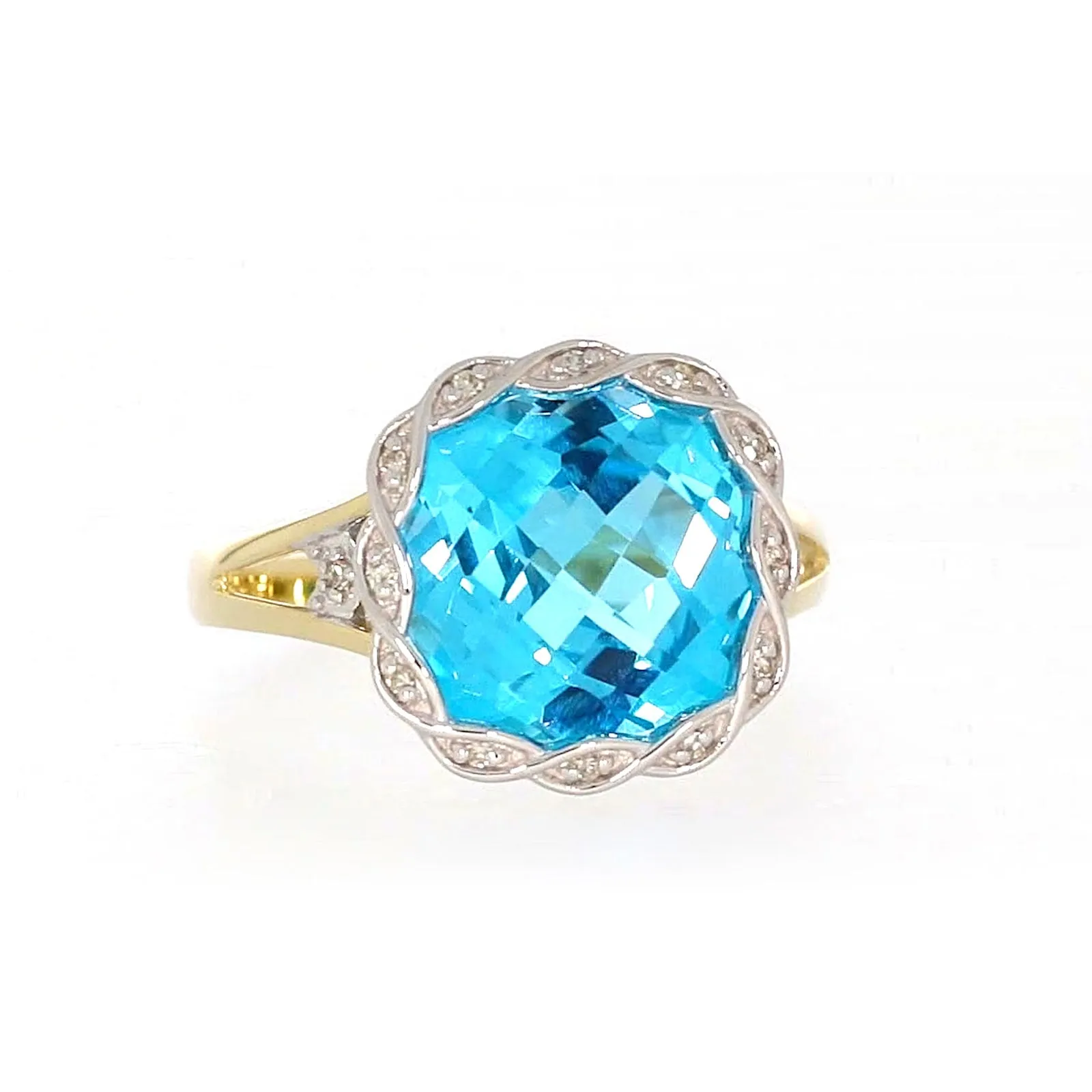 9ct Two Tone Gold Cushion & Round Brilliant Cut Blue Topaz & Diamond Set Ring Ring