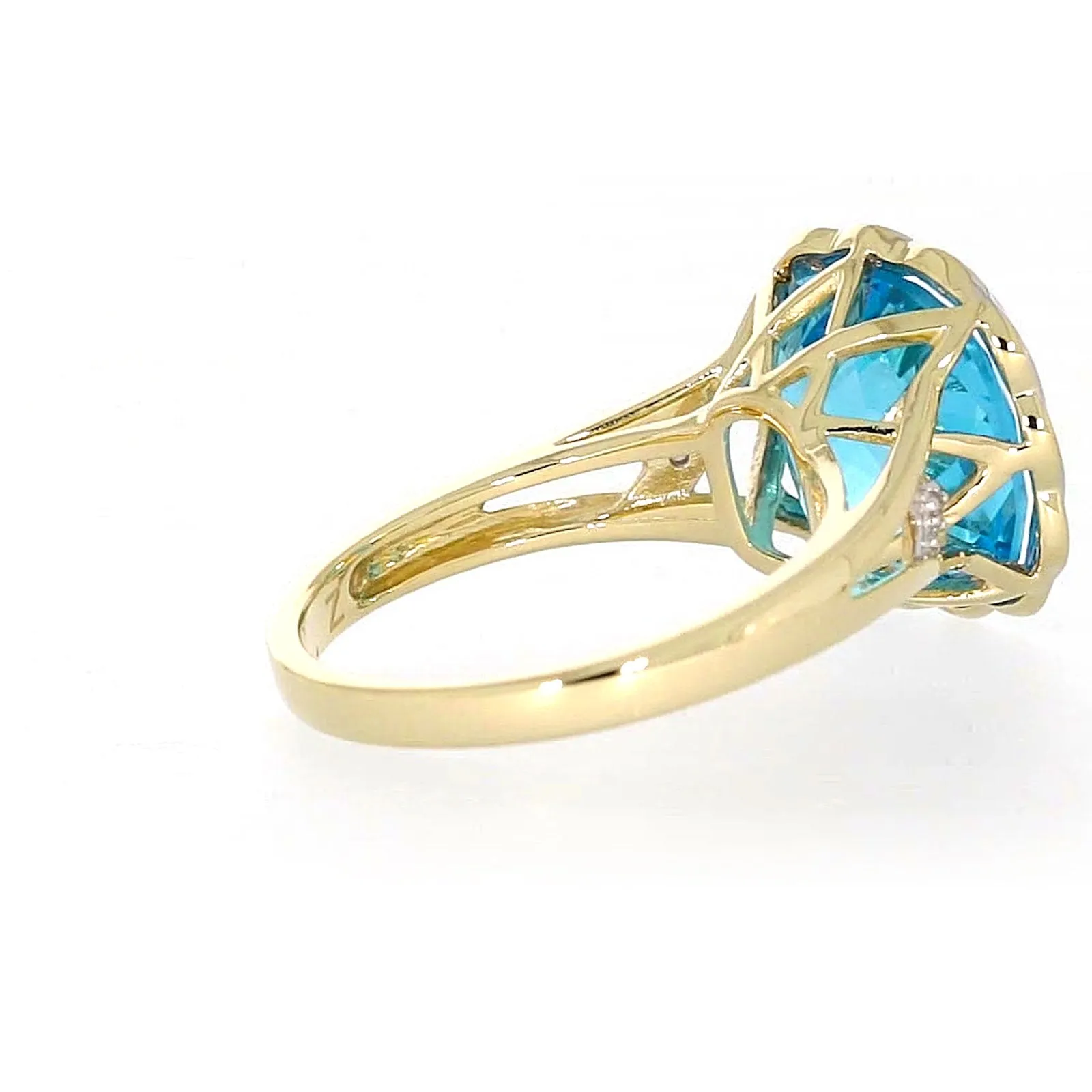 9ct Two Tone Gold Cushion & Round Brilliant Cut Blue Topaz & Diamond Set Ring Ring