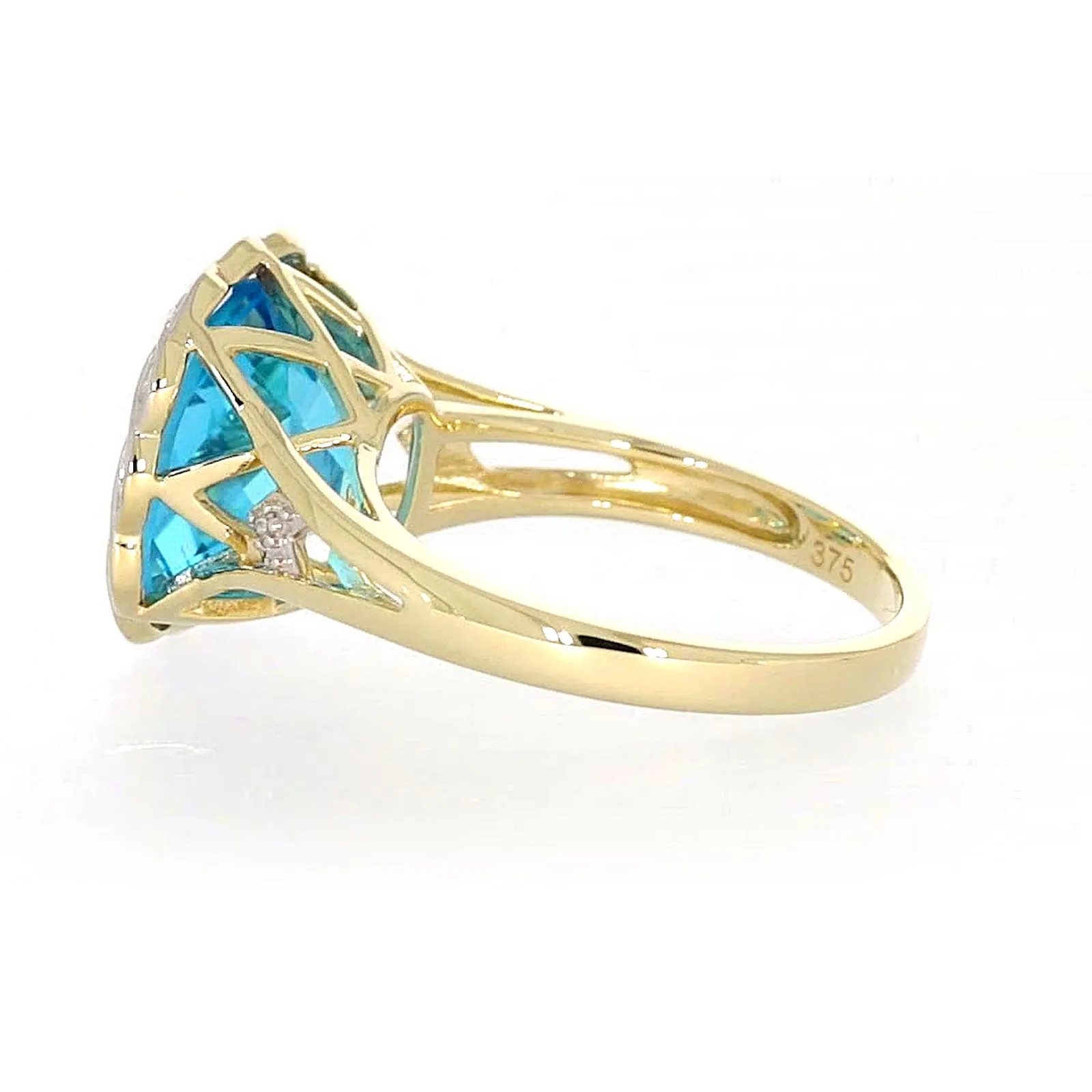 9ct Two Tone Gold Cushion & Round Brilliant Cut Blue Topaz & Diamond Set Ring Ring