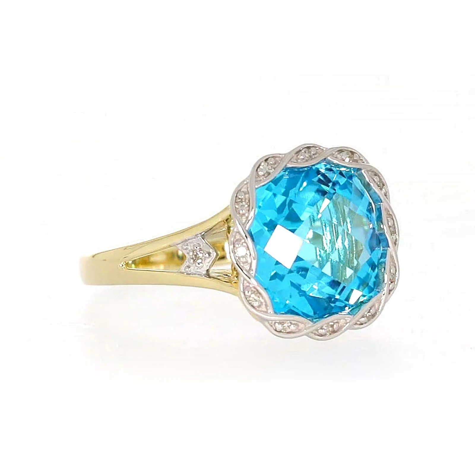 9ct Two Tone Gold Cushion & Round Brilliant Cut Blue Topaz & Diamond Set Ring Ring