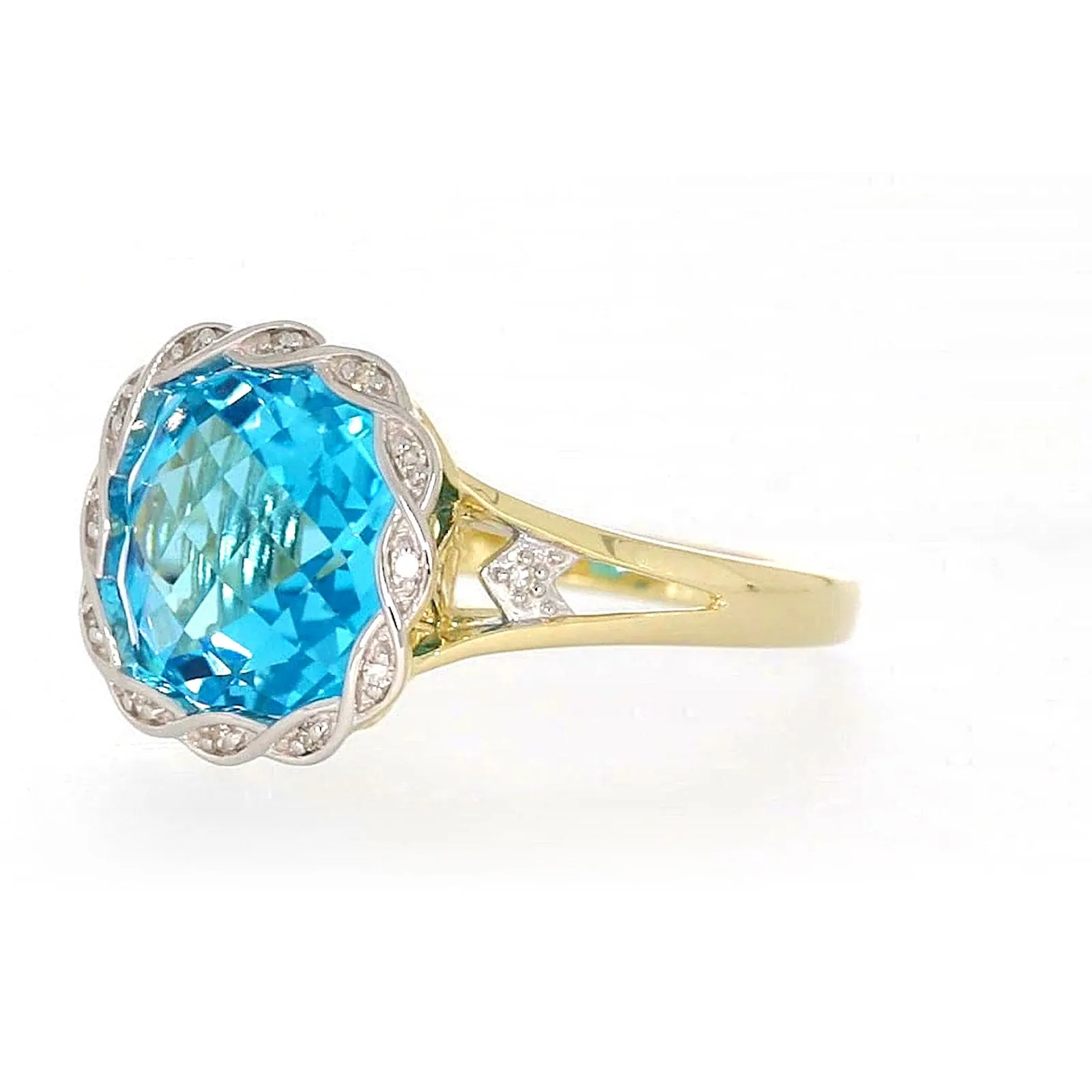 9ct Two Tone Gold Cushion & Round Brilliant Cut Blue Topaz & Diamond Set Ring Ring