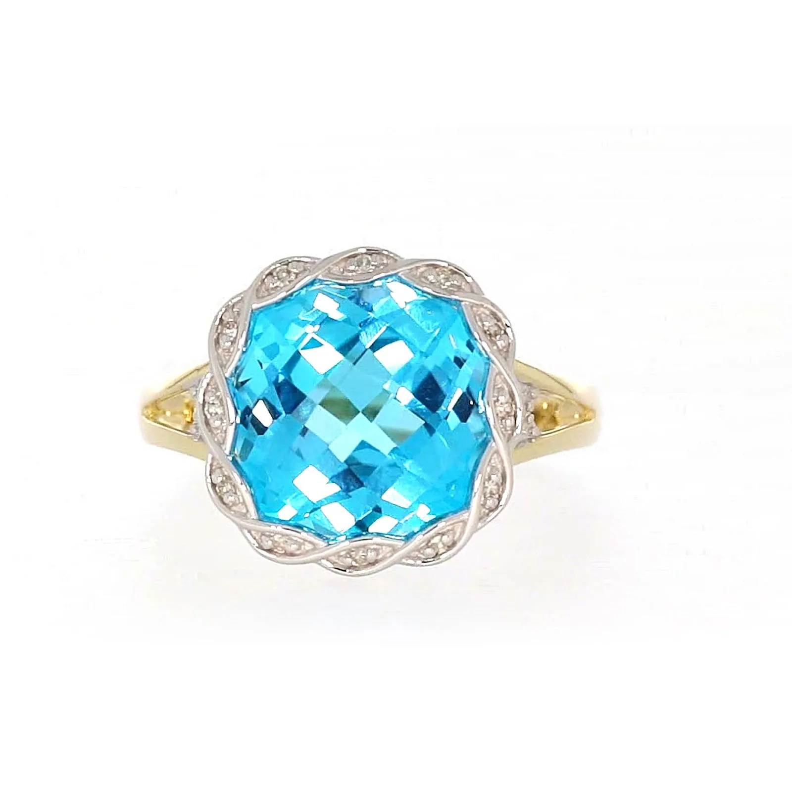 9ct Two Tone Gold Cushion & Round Brilliant Cut Blue Topaz & Diamond Set Ring Ring