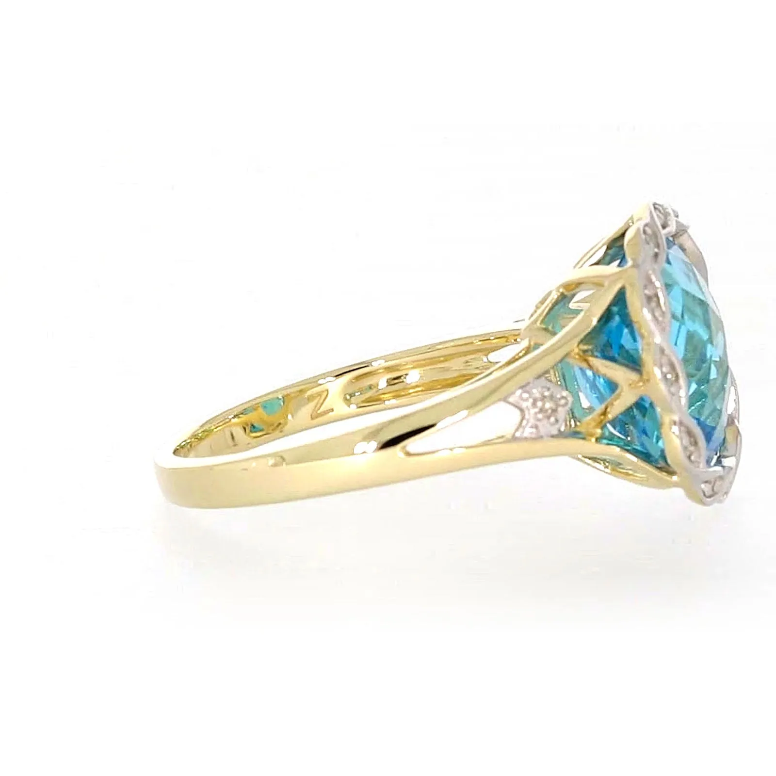 9ct Two Tone Gold Cushion & Round Brilliant Cut Blue Topaz & Diamond Set Ring Ring