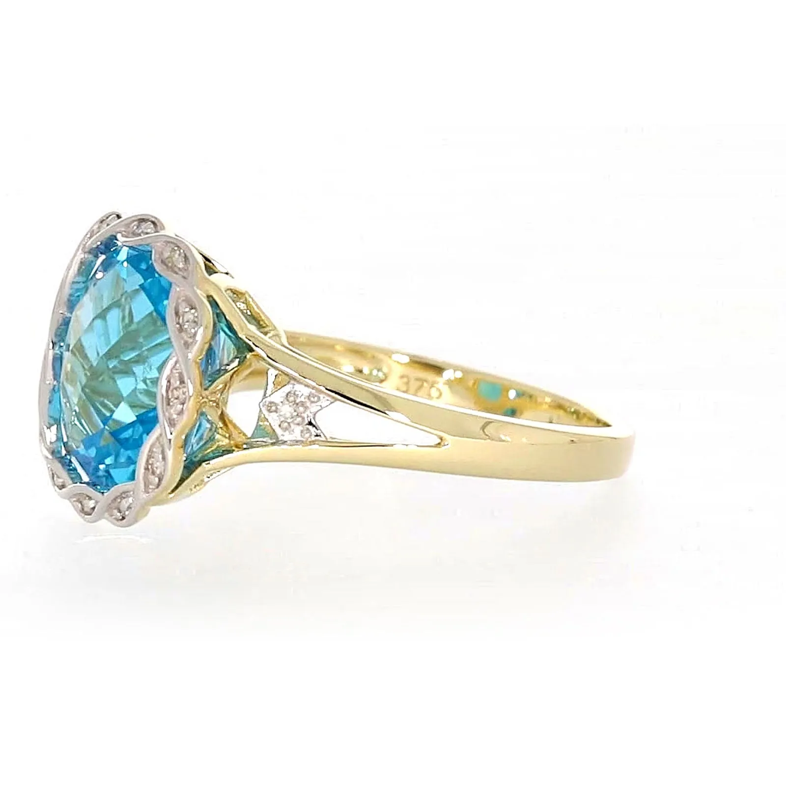 9ct Two Tone Gold Cushion & Round Brilliant Cut Blue Topaz & Diamond Set Ring Ring