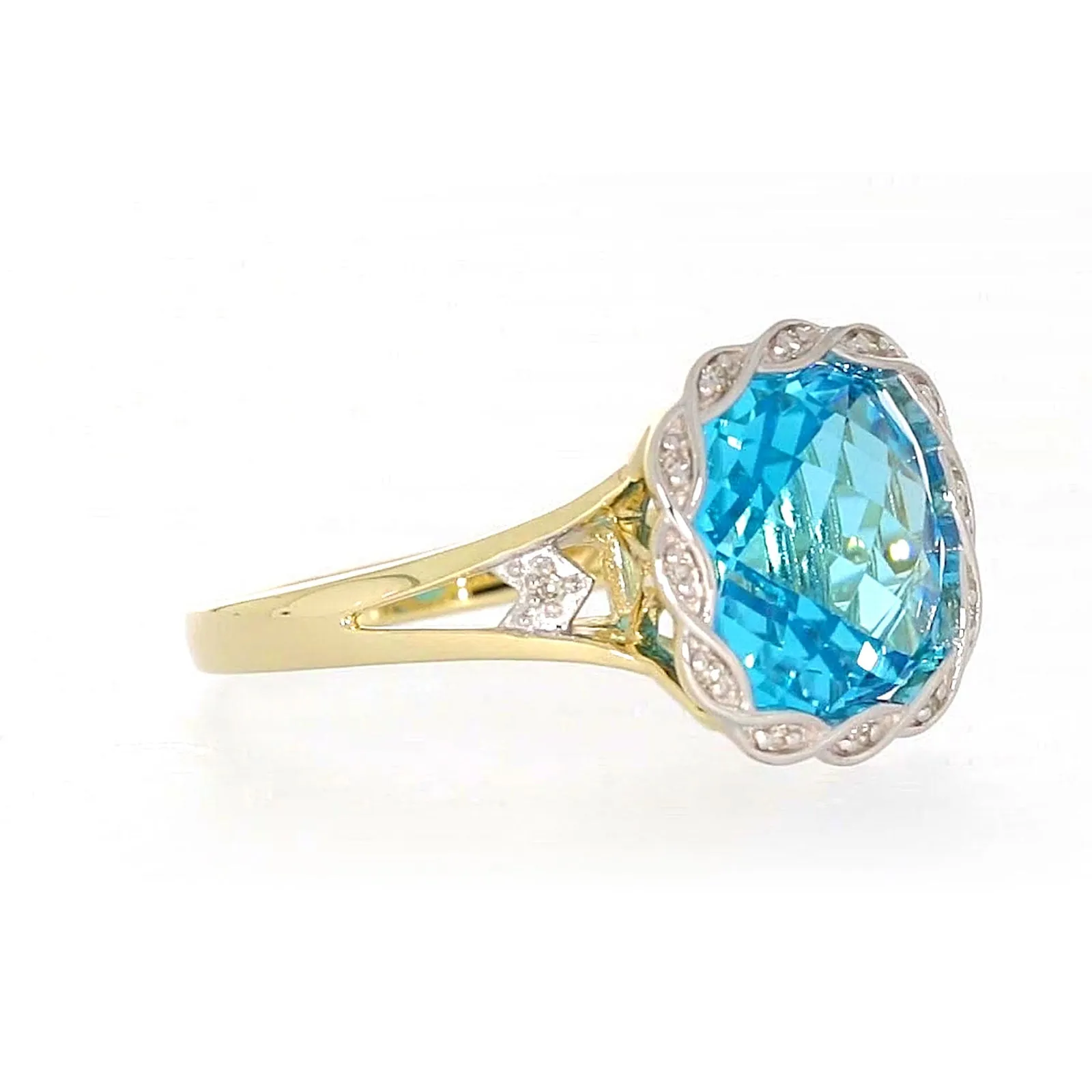 9ct Two Tone Gold Cushion & Round Brilliant Cut Blue Topaz & Diamond Set Ring Ring