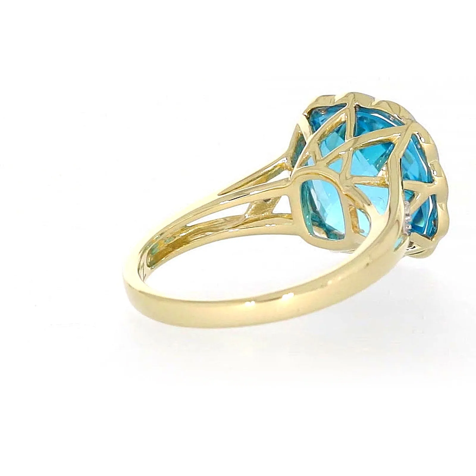 9ct Two Tone Gold Cushion & Round Brilliant Cut Blue Topaz & Diamond Set Ring Ring