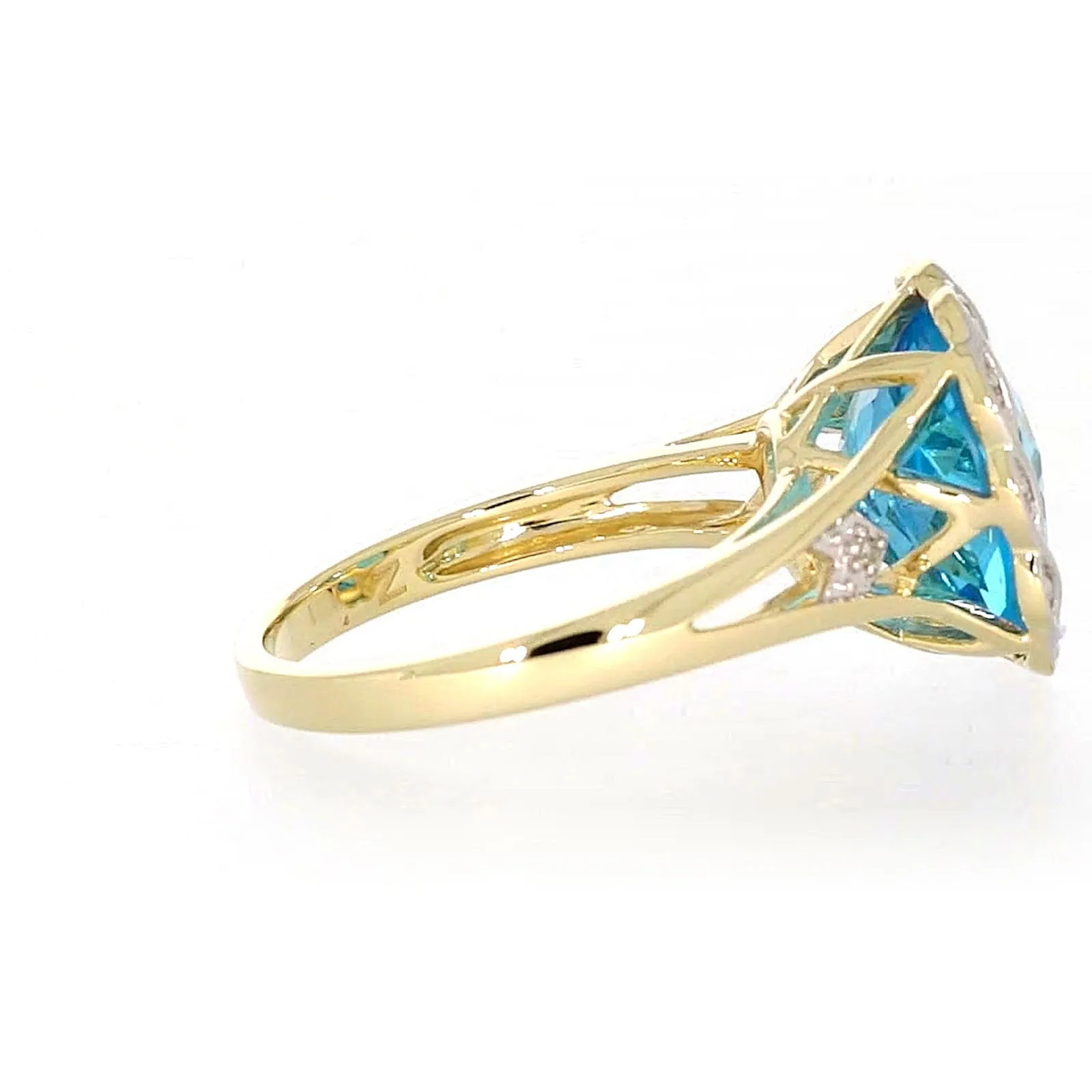 9ct Two Tone Gold Cushion & Round Brilliant Cut Blue Topaz & Diamond Set Ring Ring