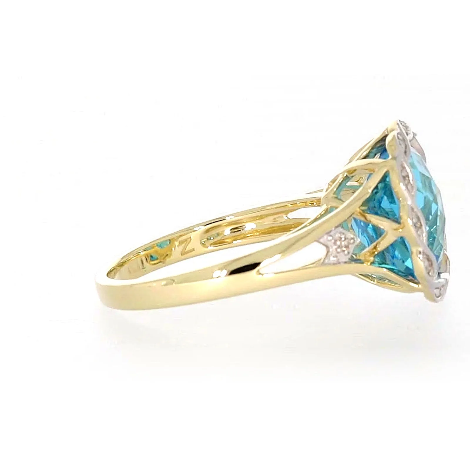 9ct Two Tone Gold Cushion & Round Brilliant Cut Blue Topaz & Diamond Set Ring Ring