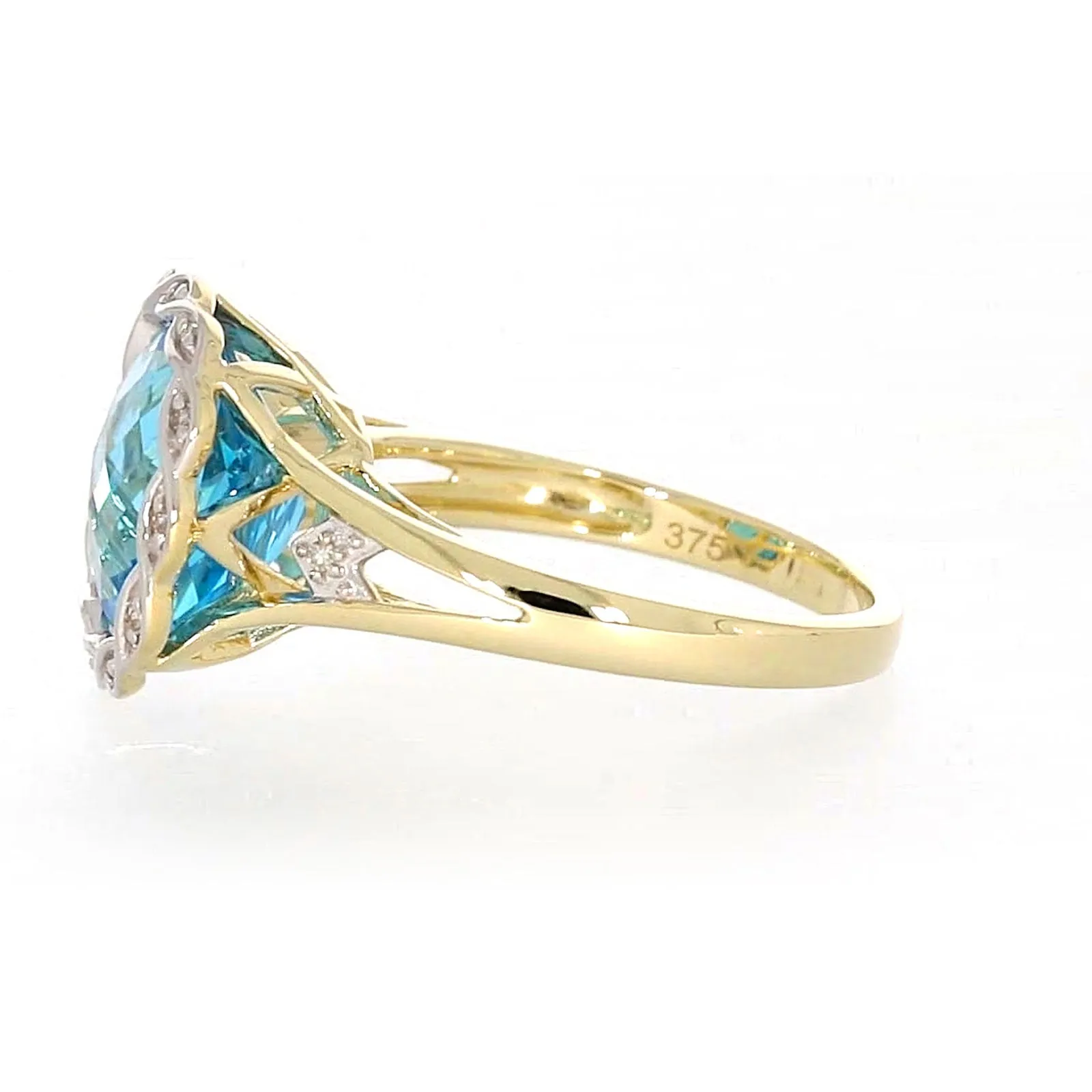 9ct Two Tone Gold Cushion & Round Brilliant Cut Blue Topaz & Diamond Set Ring Ring