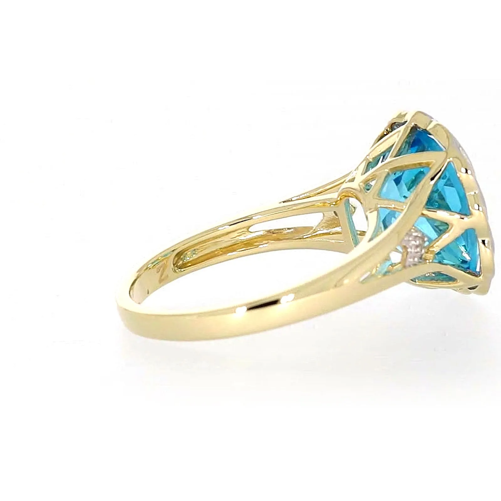 9ct Two Tone Gold Cushion & Round Brilliant Cut Blue Topaz & Diamond Set Ring Ring