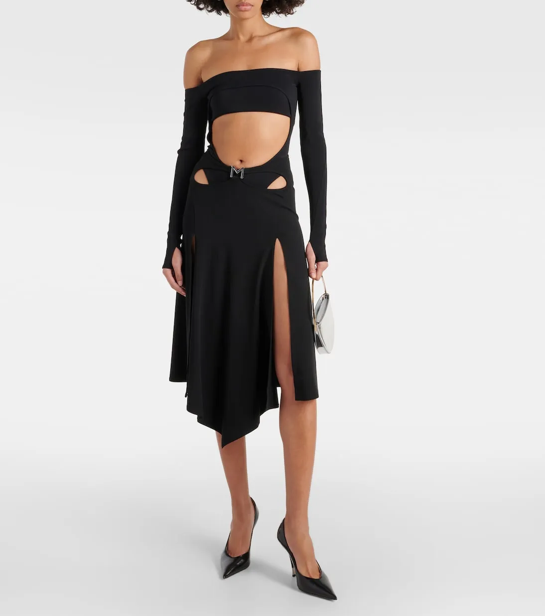 Asymmetrical midi skirt with Mugler logo, black