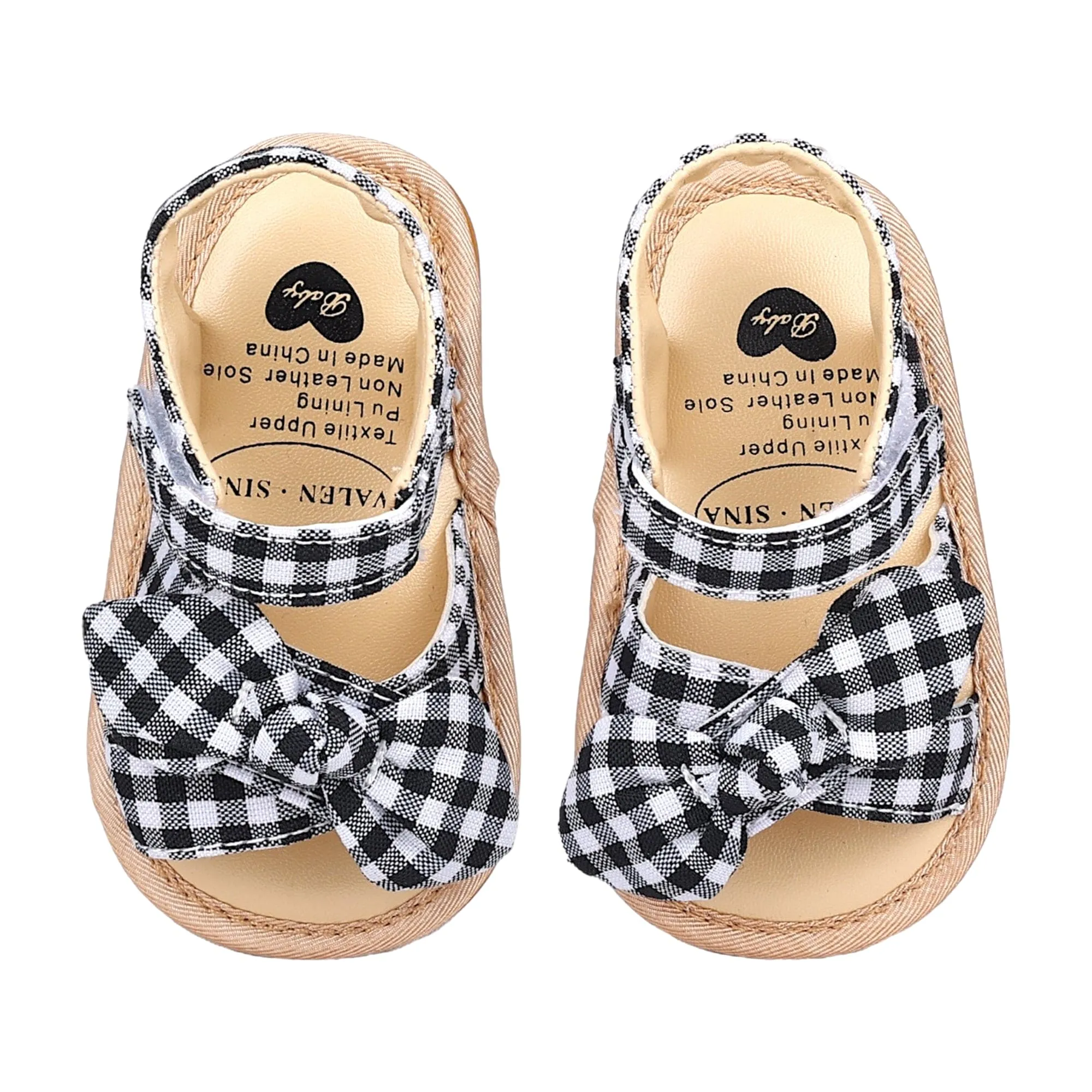 Baby Moo Checks Bow Knot Velcro Strap Anti-Skid Open Toe Sandals - Black