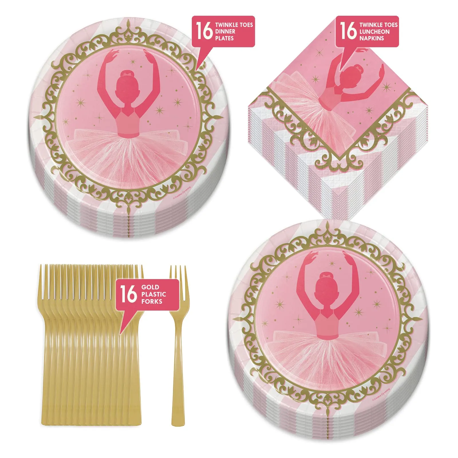 Ballerina Party Pink & Gold Ballet Dancer Paper Dinner Plates, Lunch Napkins, and Forks (Serves 16)