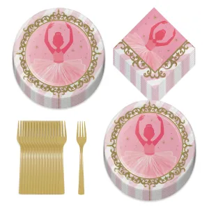 Ballerina Party Pink & Gold Ballet Dancer Paper Dinner Plates, Lunch Napkins, and Forks (Serves 16)