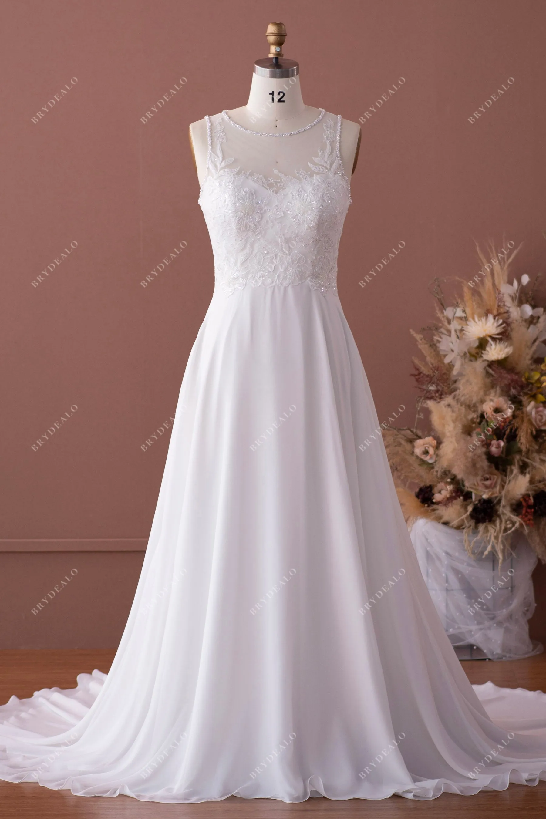 Beaded Illusion Neck Lace Chiffon Wedding Dress