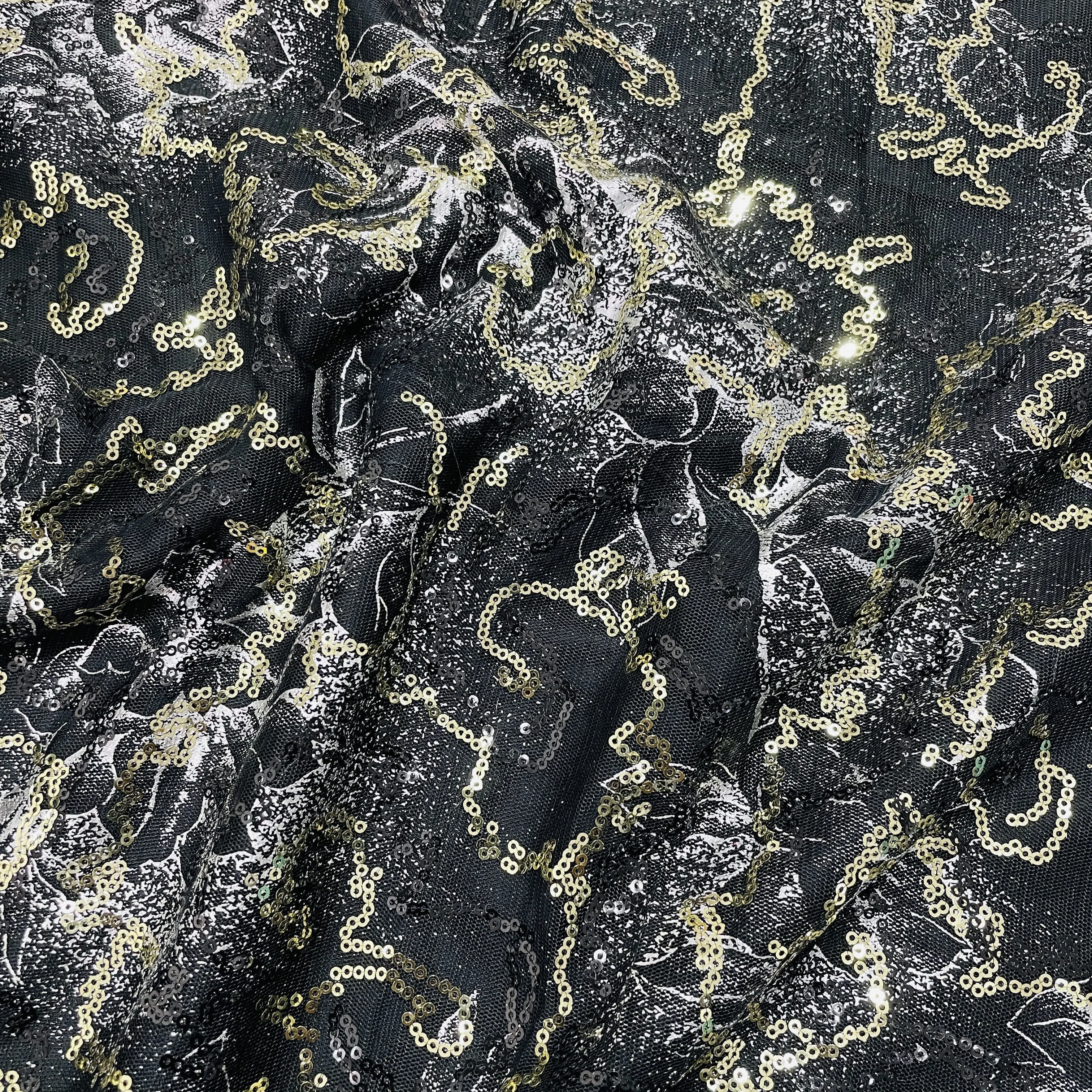 Black & Golden Floral Sequins Embroidery Net Fabric