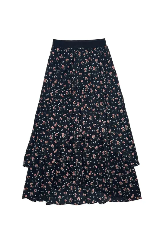 Black Pink Teen Floral Layered Skirt