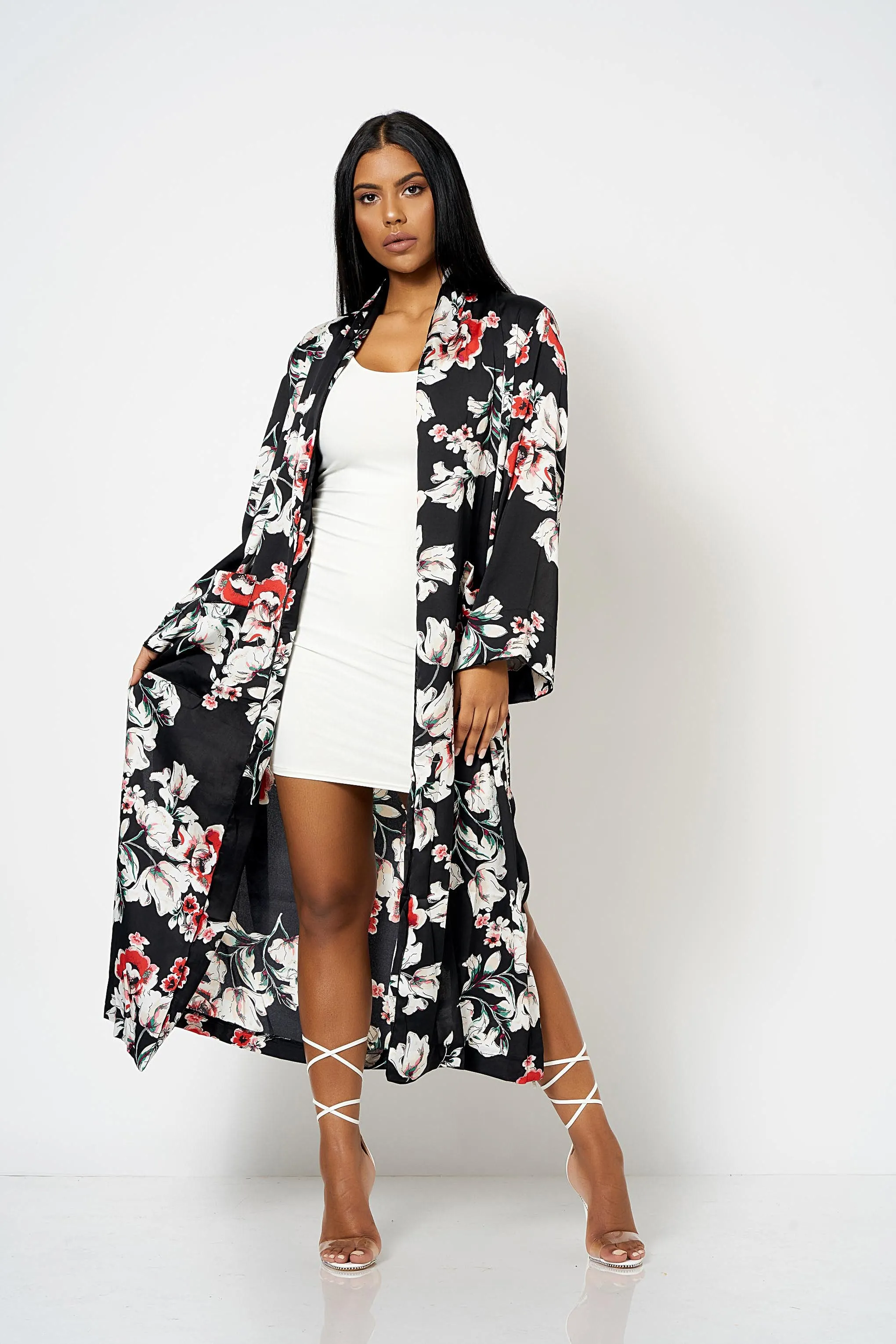 Black Satin Floral Duster Coat