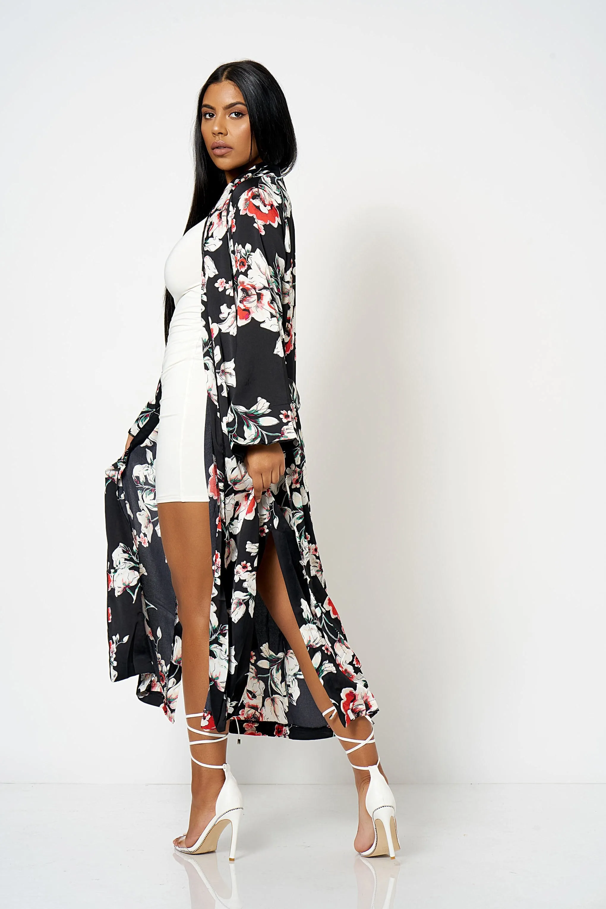 Black Satin Floral Duster Coat