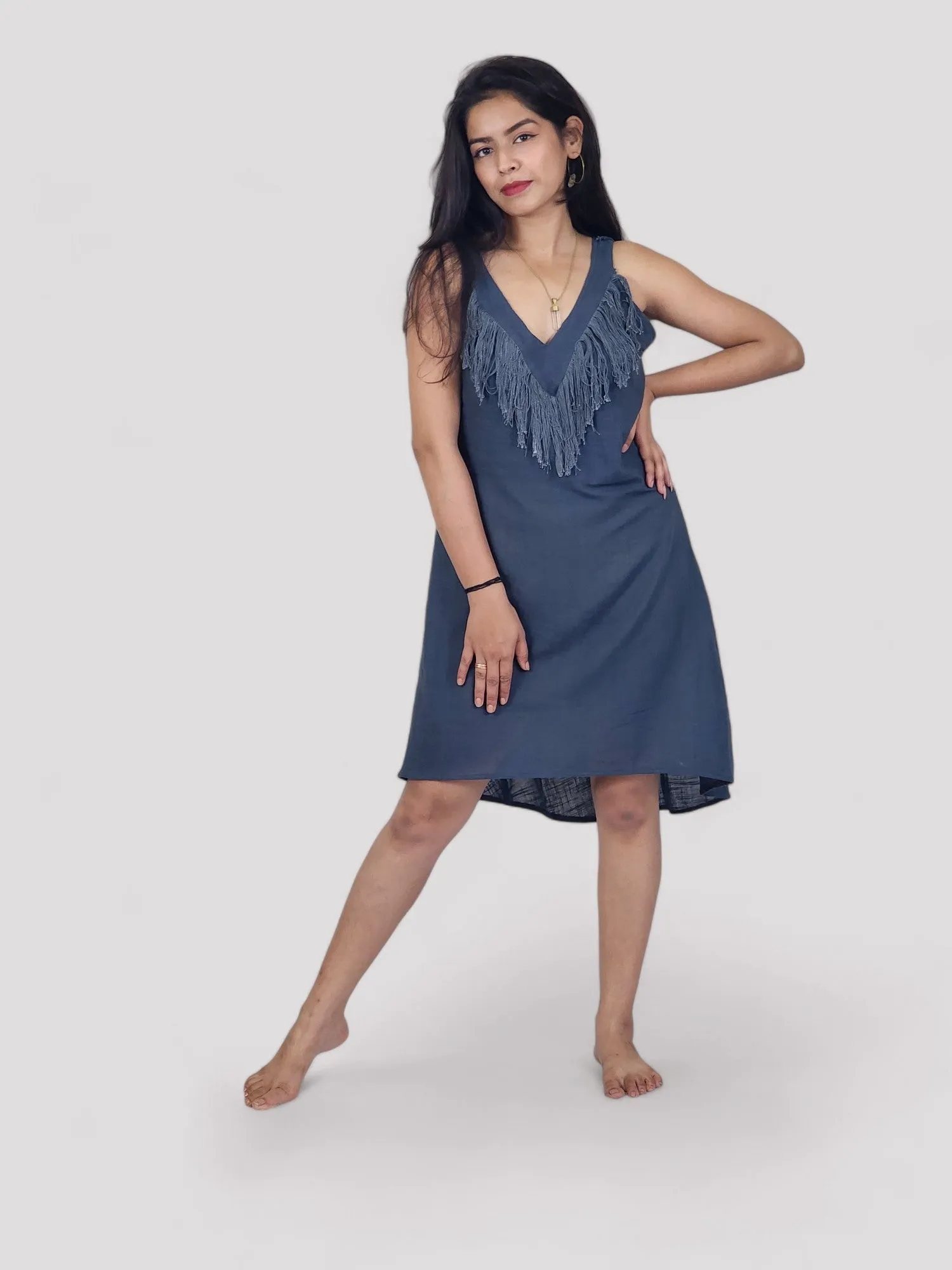 Blue Organic Linen Mini Dress with Fringe