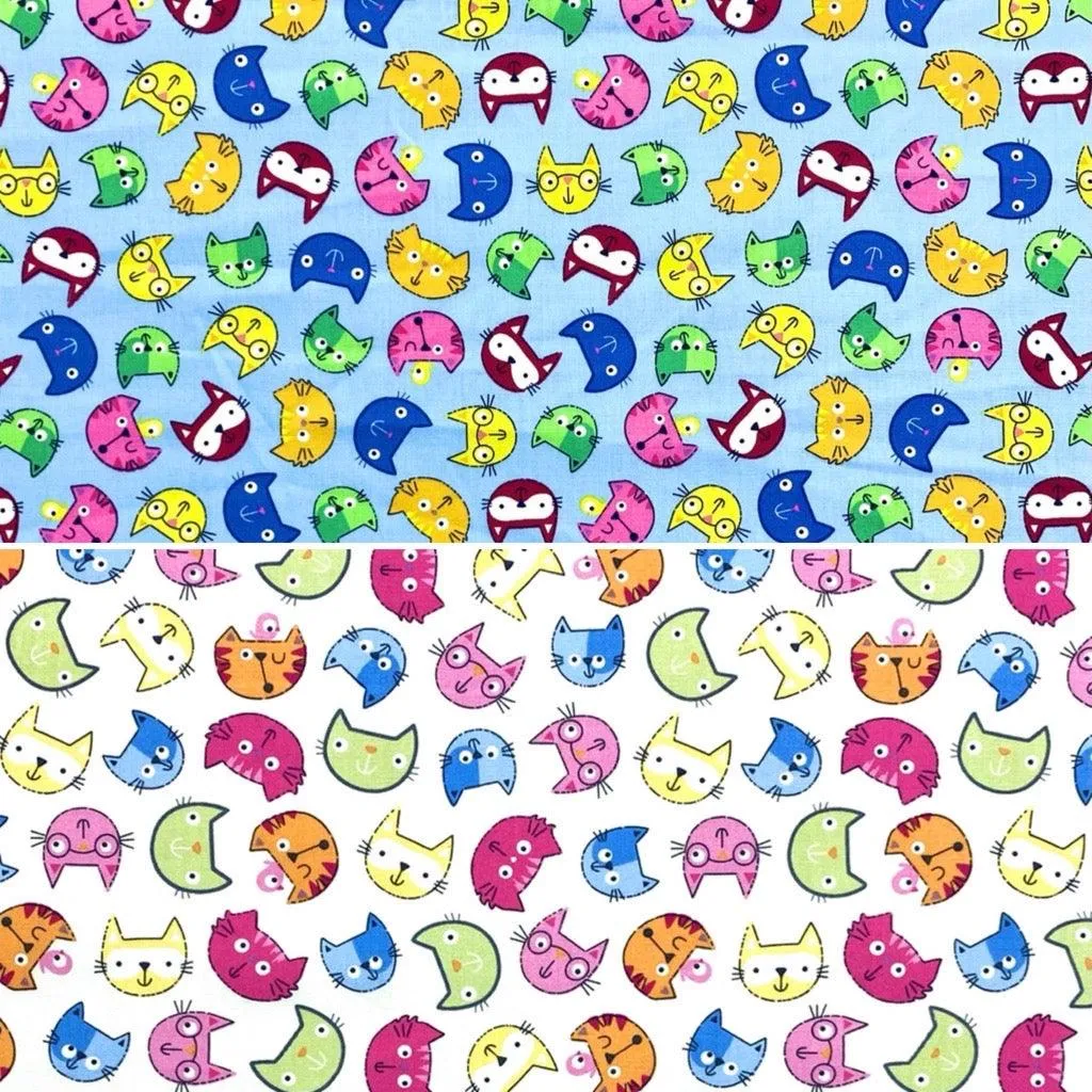 Cartoon Cat Faces Rose & Hubble Cotton Poplin Fabric