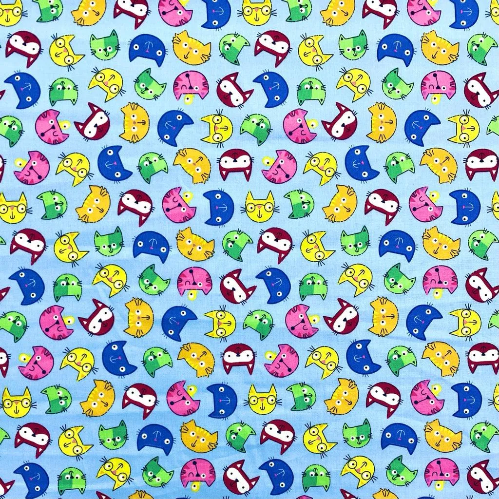 Cartoon Cat Faces Rose & Hubble Cotton Poplin Fabric