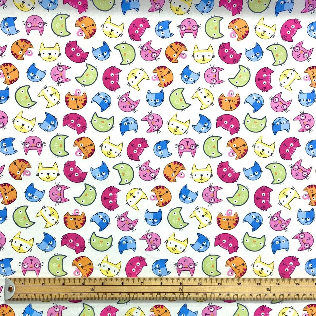 Cartoon Cat Faces Rose & Hubble Cotton Poplin Fabric