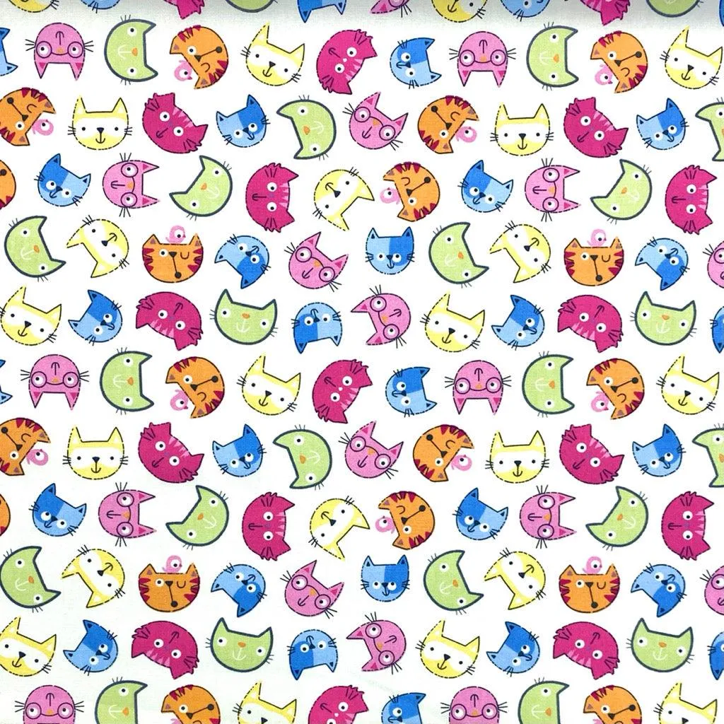 Cartoon Cat Faces Rose & Hubble Cotton Poplin Fabric