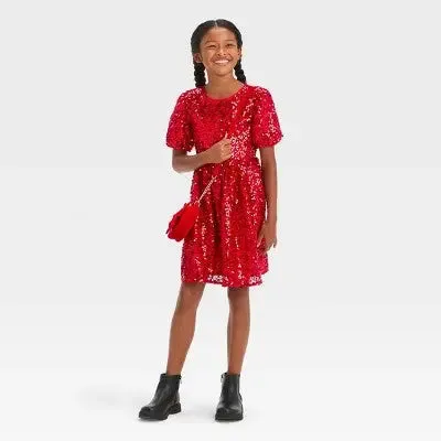 Cat & Jack Girls Sequin Tulle Party Dress Short Puff Sleeve