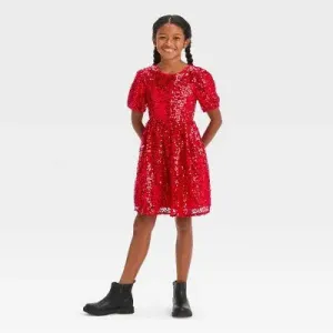 Cat & Jack Girls Sequin Tulle Party Dress Short Puff Sleeve