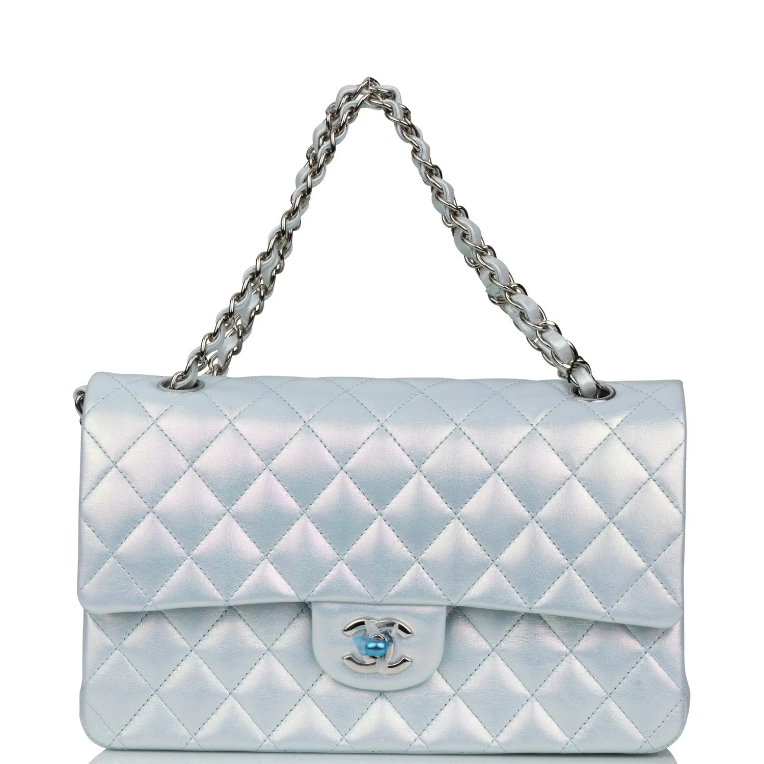 Chanel Medium Classic Double Flap Bag Blue Iridescent Lambskin Silver Hardware